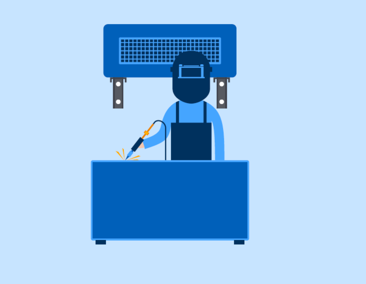 A welder working on a project with an ambient air cleaner in the background.