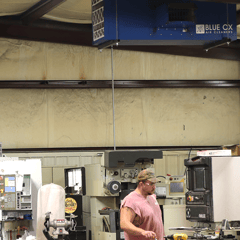 OX3500C ambient air cleaners installed in 12000 square foot machine shop at Spring Creek Custom Machining.