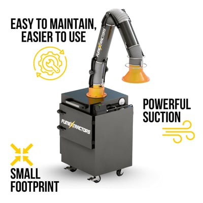 Fume Xtractors Mid-Duty Portable Fume Extractor FX-PT-M-2HP featuring articulating extraction arm, solid metal construction, ergonomic height, and wide access door for tool-less filter maintenance.