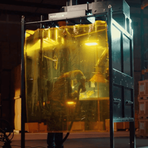 A welder working on a project inside of a Fume Xtractors welding booth while a fume extraction arm works to remove fumes.